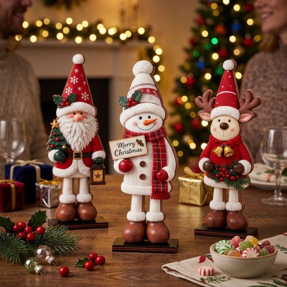 3Pcs Vintage Santa Snowman Reindeer Figurines Set Christmas Table Plaques  Festive Atmosphere