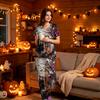 Women's V-Neck Short Sleeve Scrub Top and Pants Set with Pockets, Halloween Print Uniform 2-Piece Set