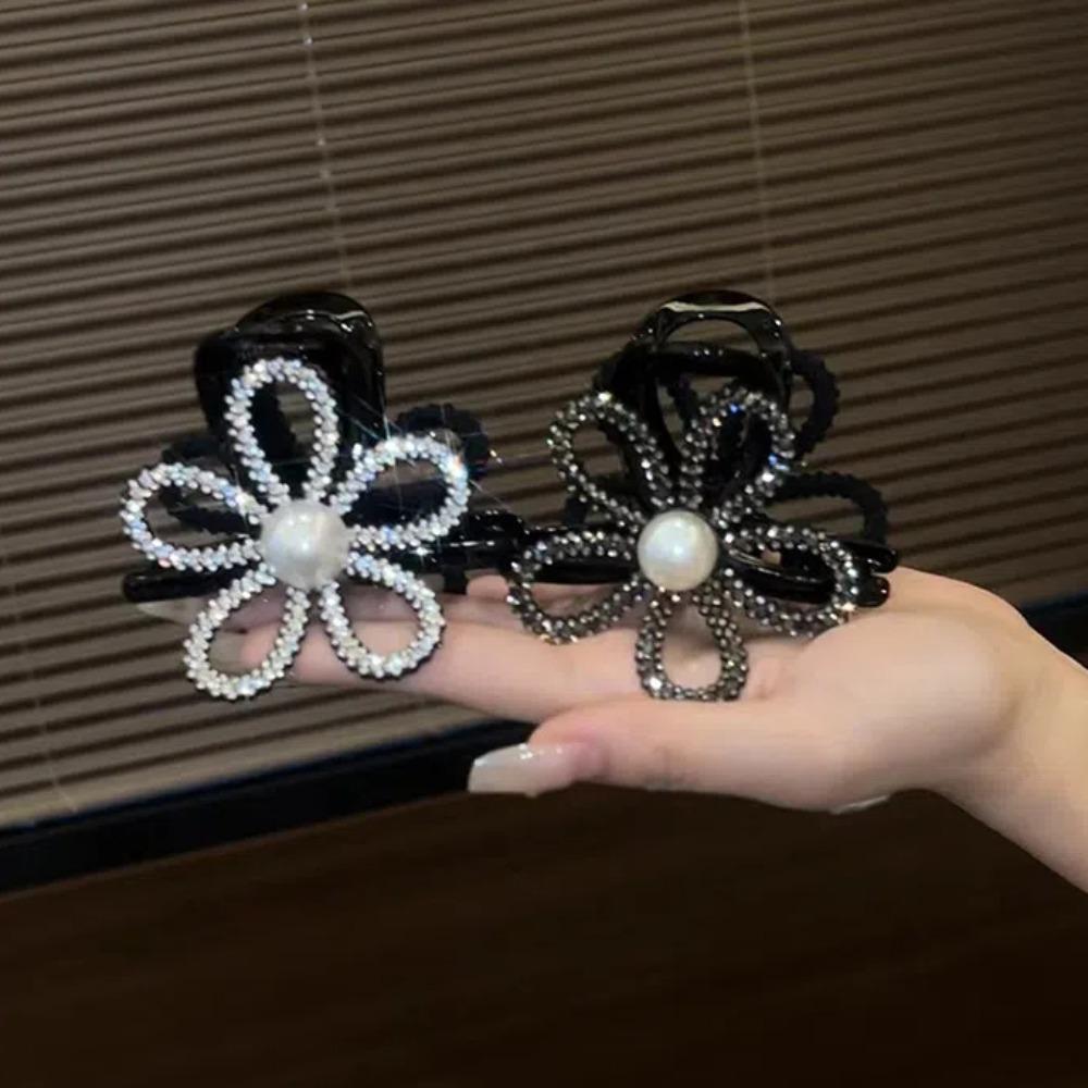 Flower Pearls Shark Clip Zircon Shiny Hair Claw Rhinestone Shark Clip  Party