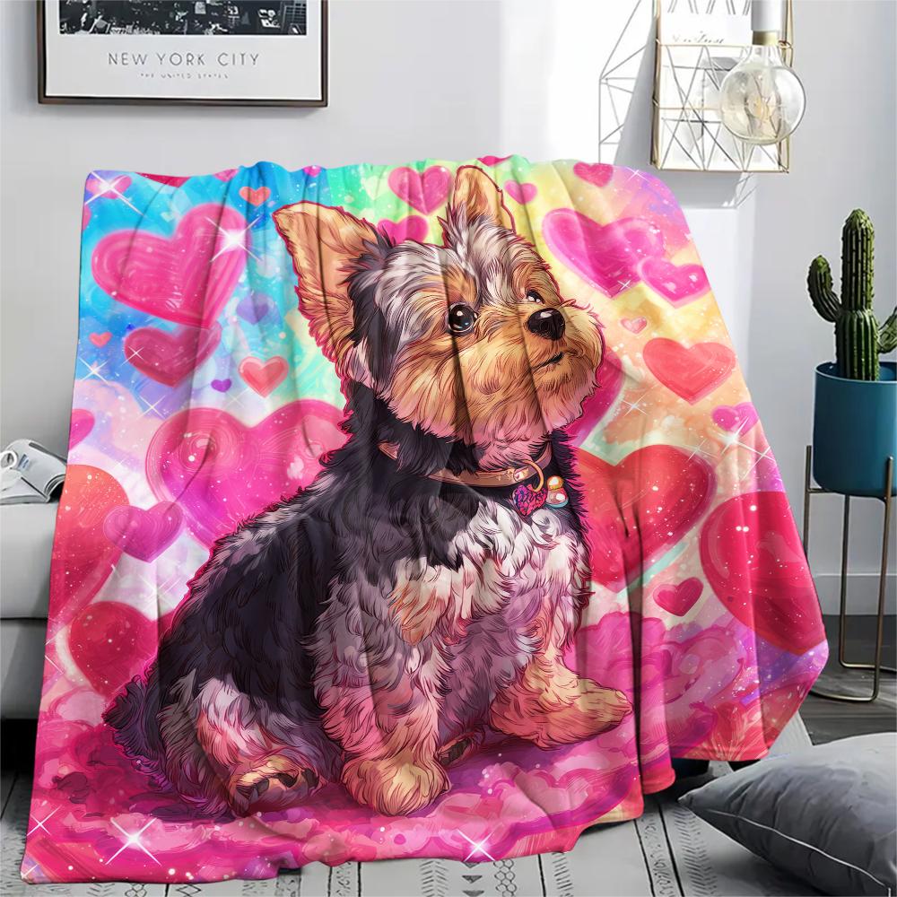 Pink Yorkshire Terrier Pattern Flannel Blanket, High Quality Comfortable for All Seasons, Home Decor, Warmth and Comfort, Perfect for Gifts.