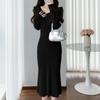 Women's Fashion Autumn Winter Solid Color Print Long Sleeve V-Neck High Waist Casual Dresses