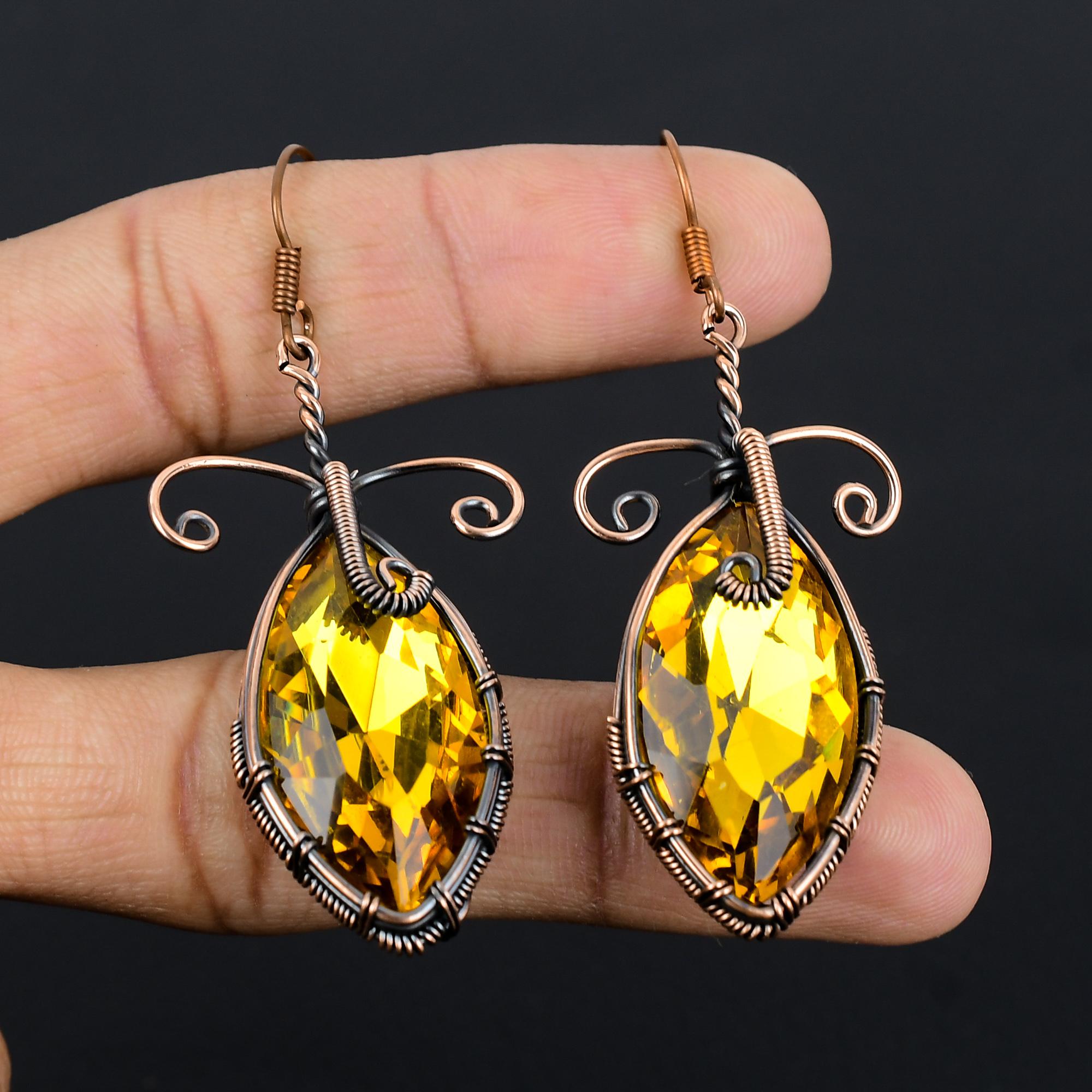 

Citrine & Mystic Topaz Earrings, 999 Copper Wire Wrapped Gemstone Jewelry, Handmade Earrings, For Thanksgiving 2.55 Inches