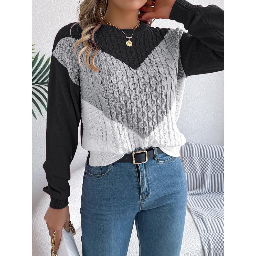 Autumn/Winter Casual Colour-Blocked Cable-Knit Bell-Sleeve Women's Pullover