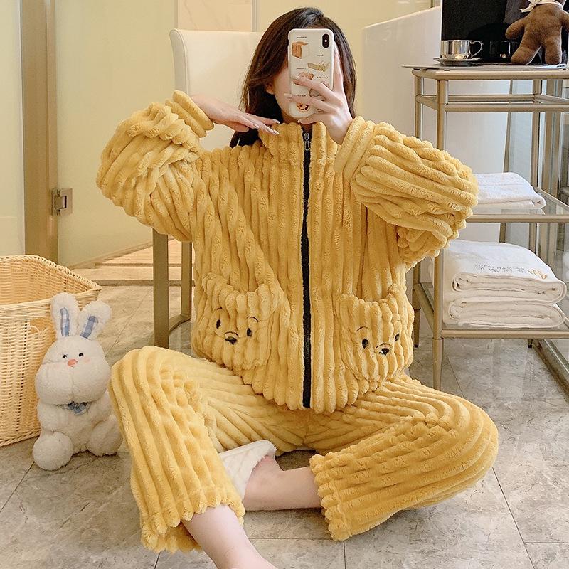 Cozy Coral Fleece Flannel Striped Loungewear for Plus Sizes (up To 220 Lbs) - Cute and Warm for Autumn and Winter