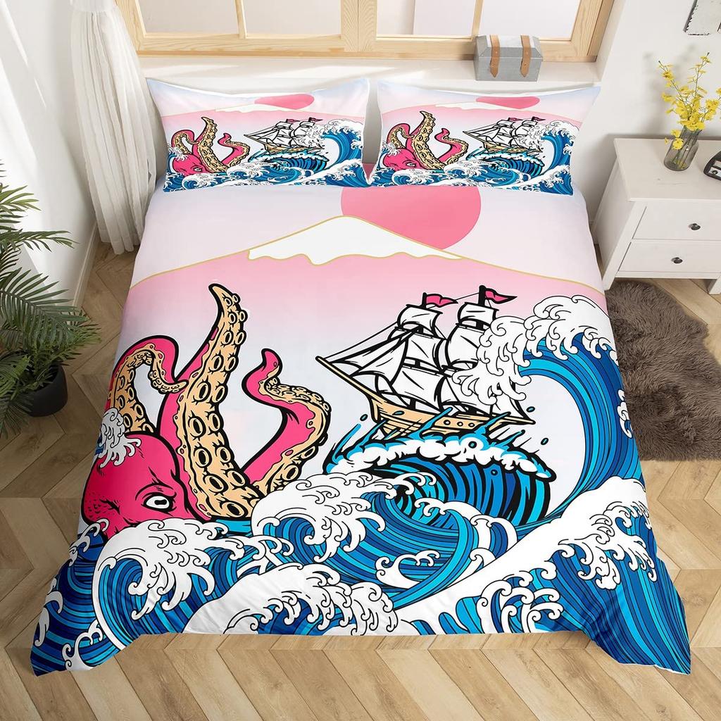 Sailboat Duvet Cover Set Twin King Queen Size Nautical Theme Seagull Bedding Set Microfiber Rustic Wooden Plank Comforter Cover