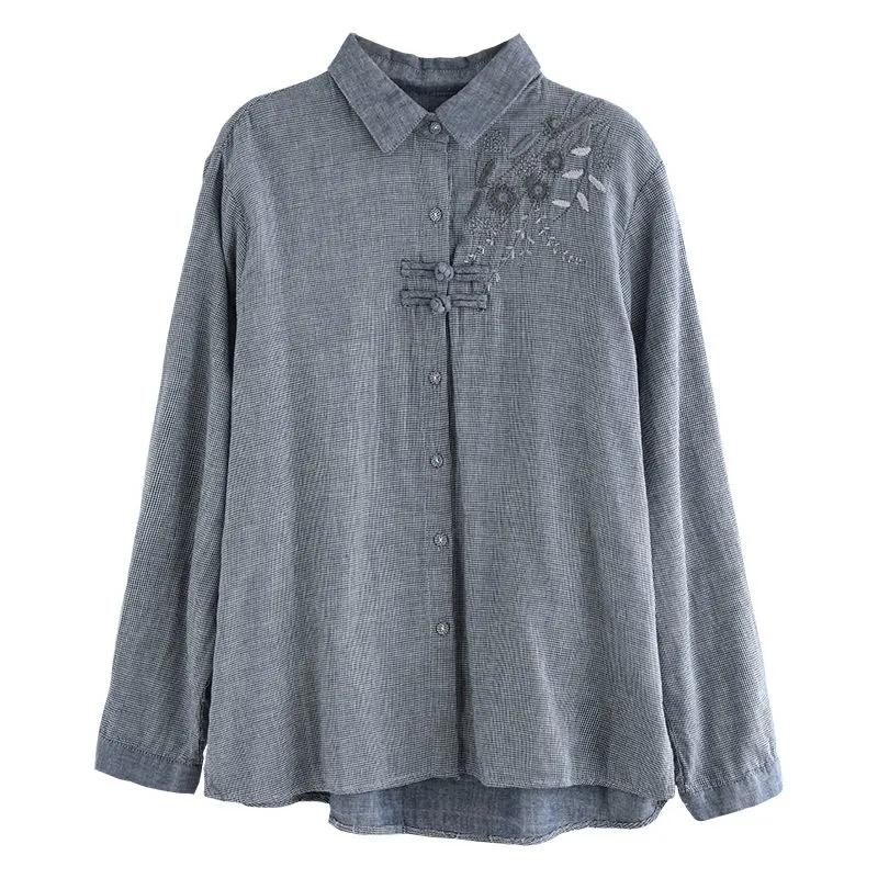 Camicia Retrò Letteraria e Artistica in Cotone e Lino da Donna Primavera Autunno Ricamo Stile Etnico Top da Donna con Bottoni a Disco in Stile Cinese