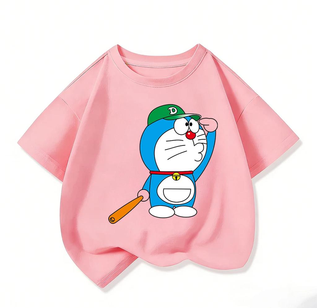 Cute Children's Short-Sleeve T-Shirt, Cute Doraemon Crew Neck, Everyday Casual Summer Kids' Clothing