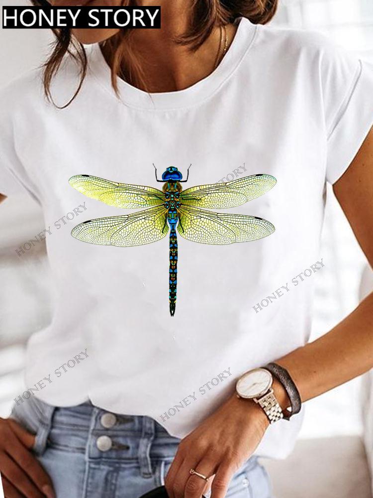Dragonfly Butterfly Print Base Top Loose Women's Short-sleeved T-shirt Round Neck Oversized T Shirt  Women Clothes