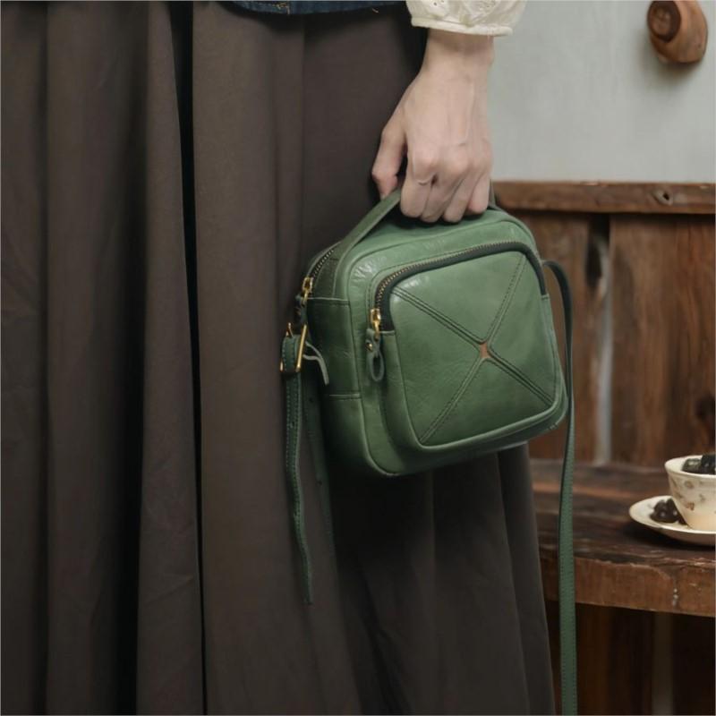 Johnature Vintage Genuine Leather Women's Bag Versatile Cowhide Solid Color Square Small Bag Shoulder Crossbody Bag