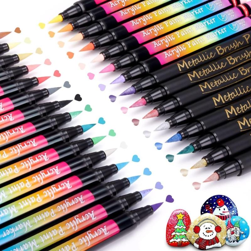 

30Pcs Acrylic Marker Art Marker 30 Colors Brush Pen for DIY Shoe Bag Painting on Paper Stone Wood Glass Canvas 1