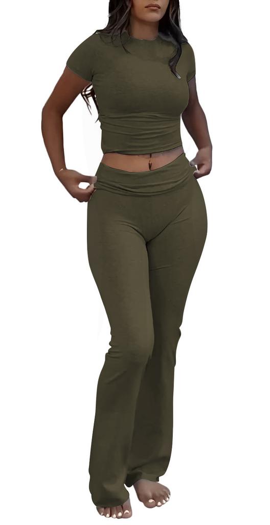 Women's Two Piece Workout Set Crewneck T-Shirt Low Waist Flare Pants Tracksuit