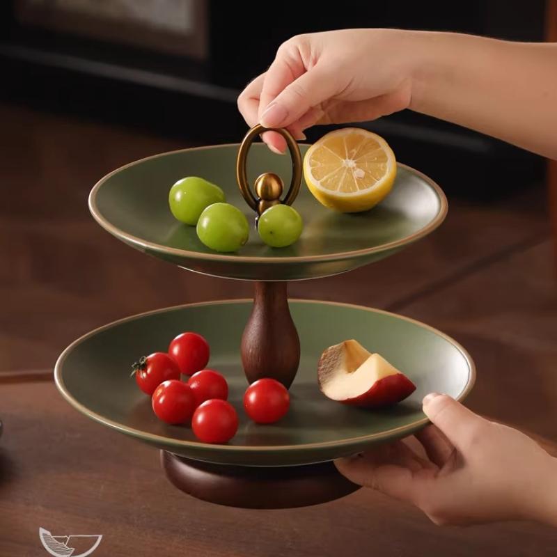 Green Double-layer Fruit Plate Ceramic Tray Snack Storage Box Double-layer Tray Desktop Container Kitchen Organizer Trays