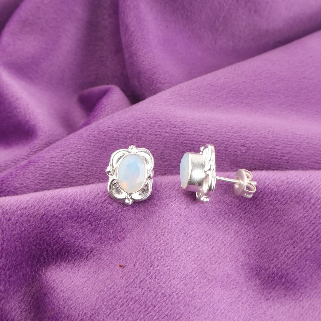 Milky Opal Stone Sterling Silver Daughter Gift Ethnic Stud Post Earrings Jewelry EE-149-7