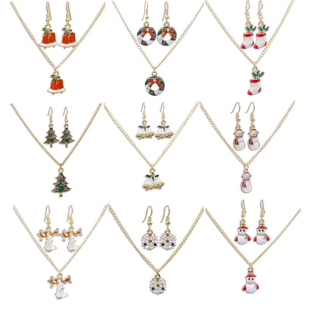 Women Girl Christmas Necklace Earring Set Alloy Plating Neck Chains Dangle Ear Loop Jewelry Gifts