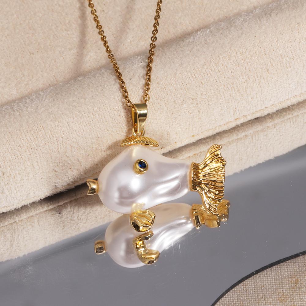 Stainless Steel Chain Ocean World Clownfish Necklace White Pearl Headfish Pendant Accessories Clavicle Chain Women's Gift