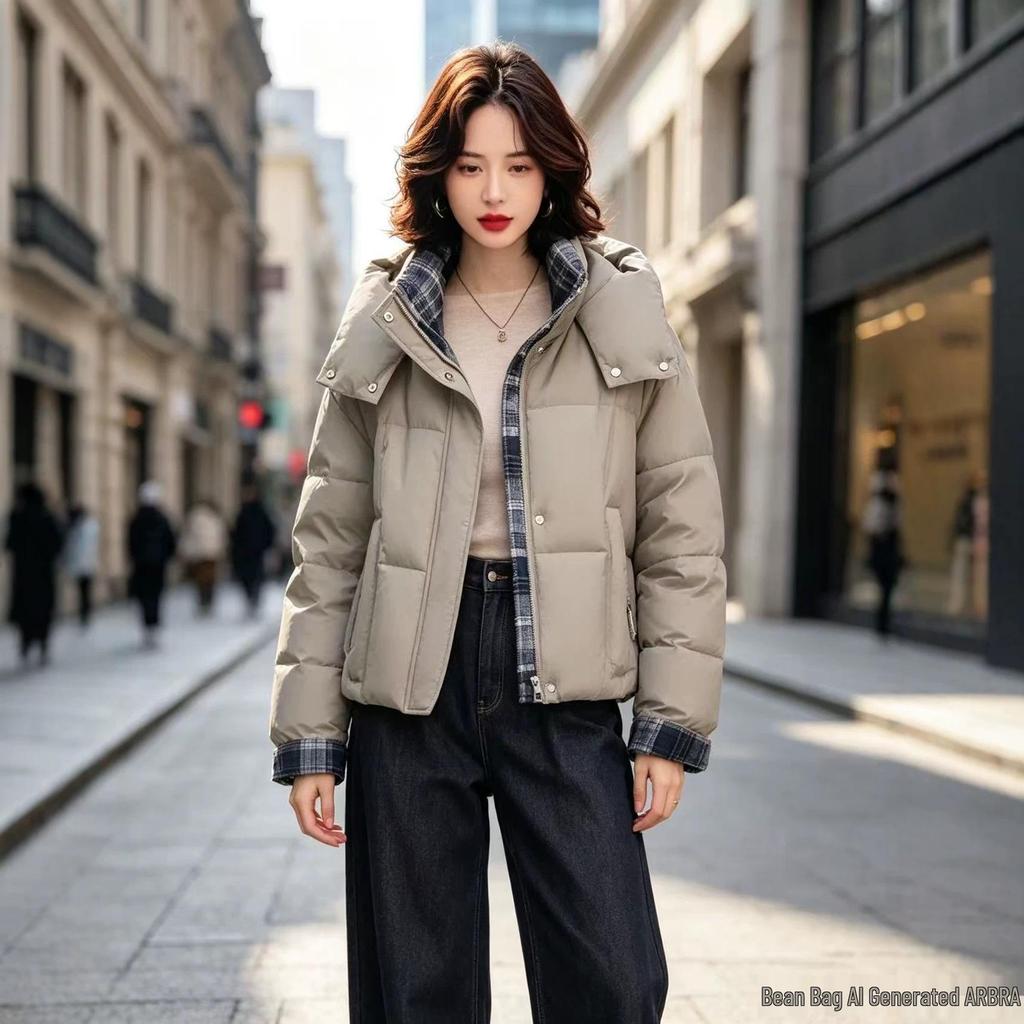 Korean Style Women's Plaid Patchwork Down Cotton Jacket - Warm, Thick, Versatile Winter Coat with Hood