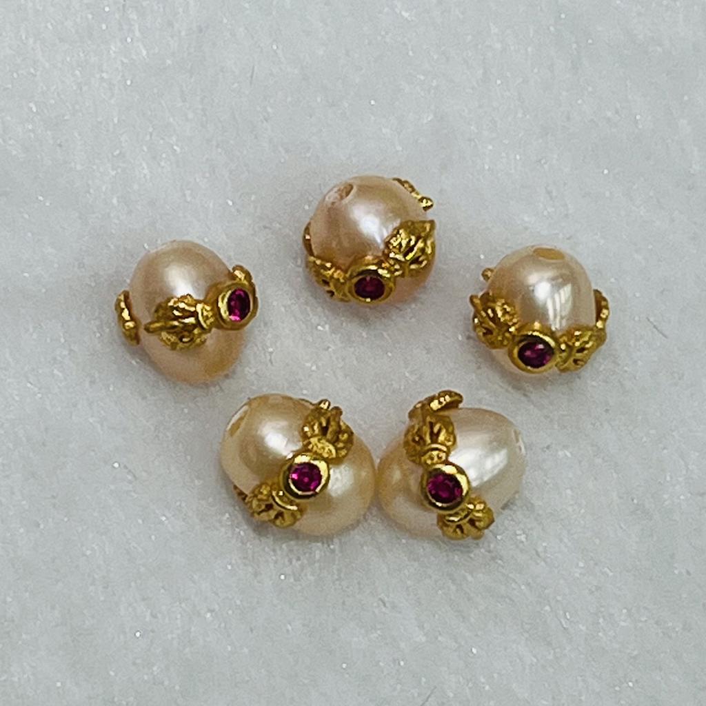 1Pc, Artificial Pearl Beads with Golden Setting and Red Gems Accents, Pink Rice Beads with Hole, for Jewelry Making DIY Materials Accessories 0.9-1cm