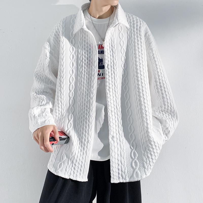 Men s Cable Knit Button Down Shirt - Casual Loose Fit for Streetwear M белый