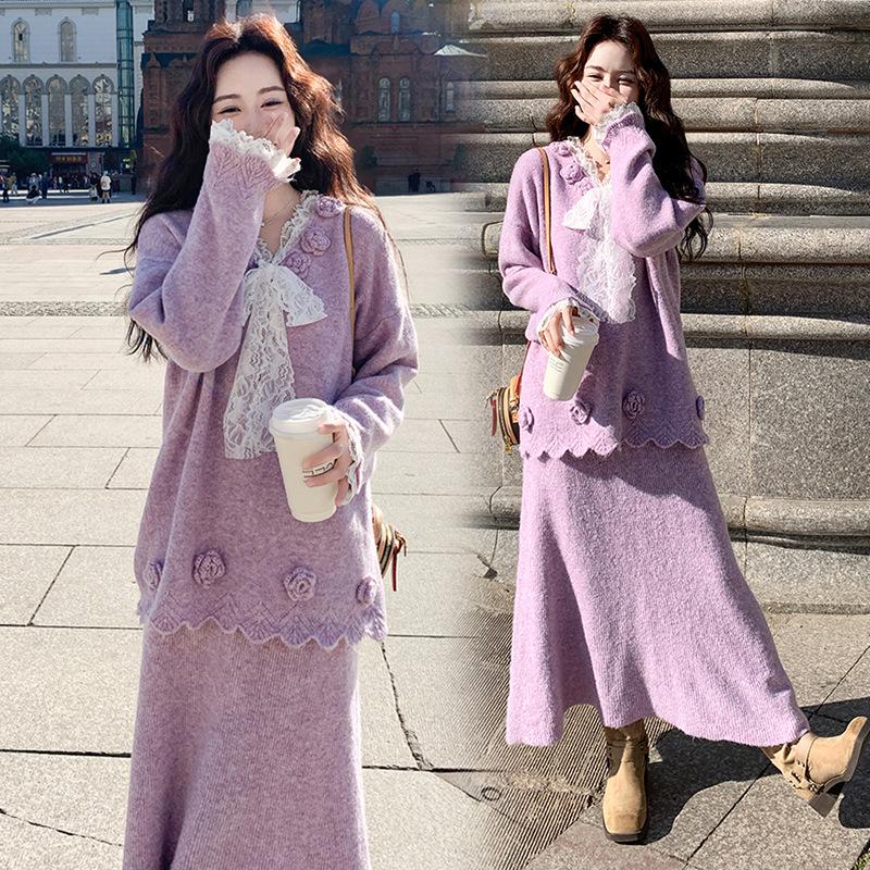Korean Style Maternity Set: Handmade Flower Lace Top + Drawstring Skirt 2XL