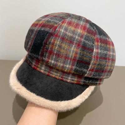 Chic Plaid Beret for Women - Warm Fleece-Lined Newsboy Cap, French Style Painter's Hat with Ear Flaps, Perfect for Fall & Winter