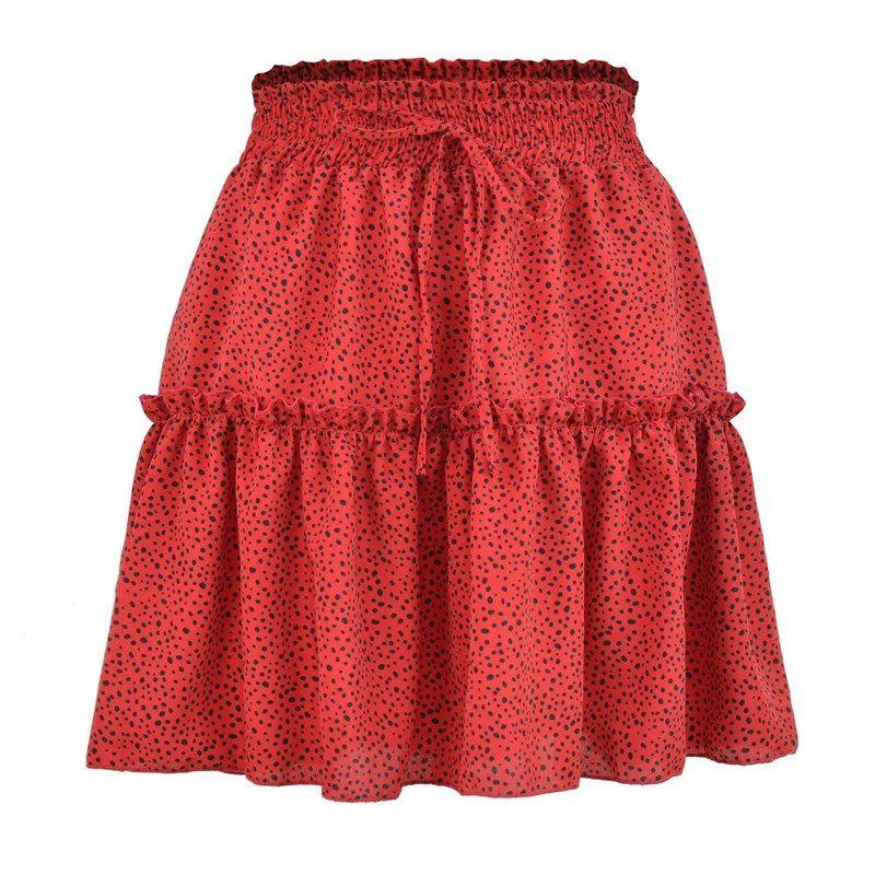 

Women s High Waist Ruffle Floral Skirt Printed A- line Skirt Red dot XL