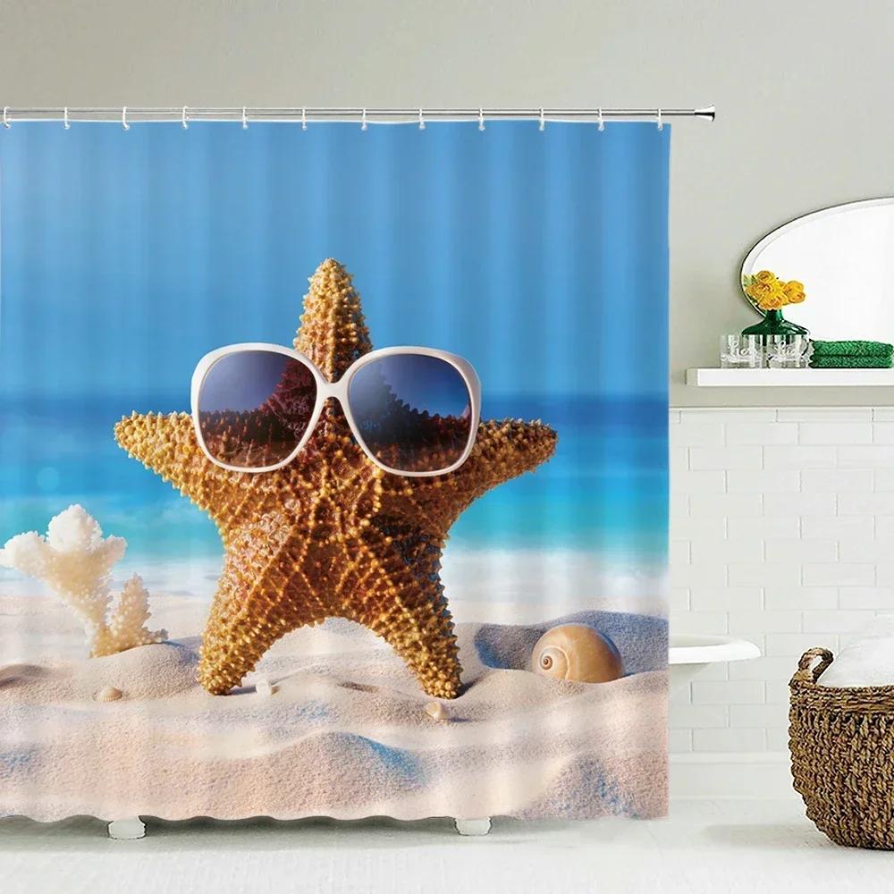 Seascape Beach Shower Curtains Bathroom Shower Curtain 3D Fabric Curtain Waterproof Curtain Easy To Install, Smooth and Silent