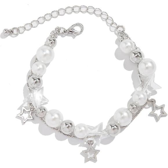 1/2Pcs Set Y2K Star Pearl Heart Crystal Chain Adjustable Aesthetic Bracelet Grunge Gift for Women Jewelry Gifts Punk Gothic Link Dainty Bracelet