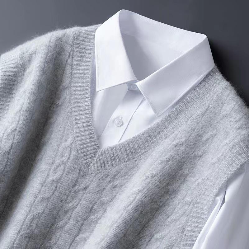 Men's Wool V-neck Sleeveless Cashmere Knit Vest - Business Formal, Loose Fit, Autumn/Winter Style