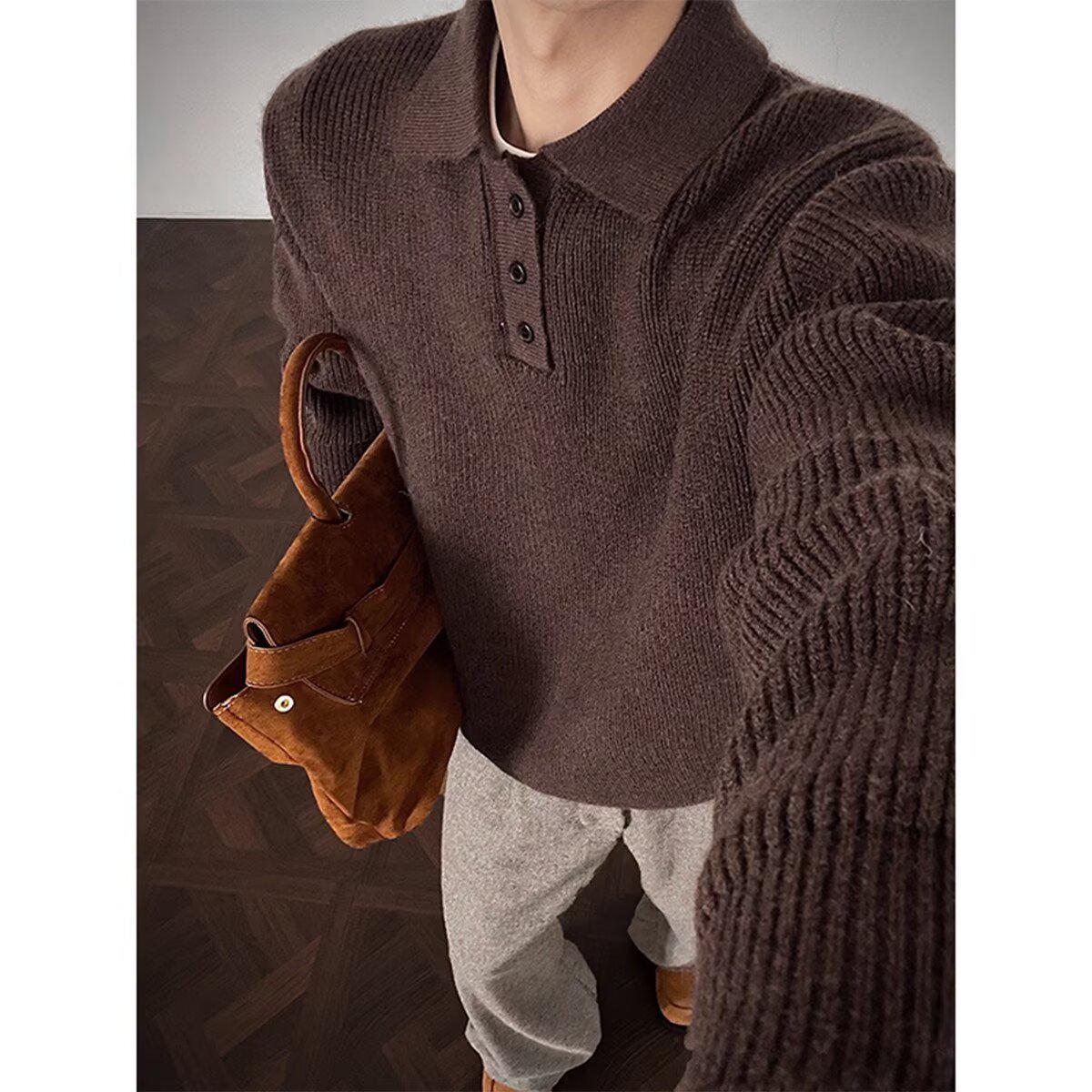 Men s Grey Henley Collar Sweater - High-End Long Sleeve Polo Base Layer for Spring/Autumn 2XL