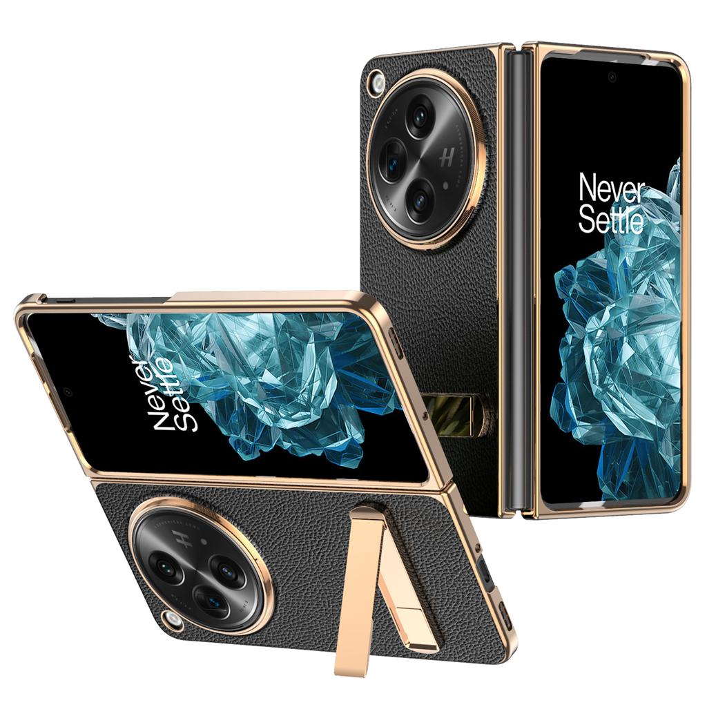 For OnePlus Open Case Litchi Texture Leather+PC Phone Kickstand Cover with Tempered Glass Film