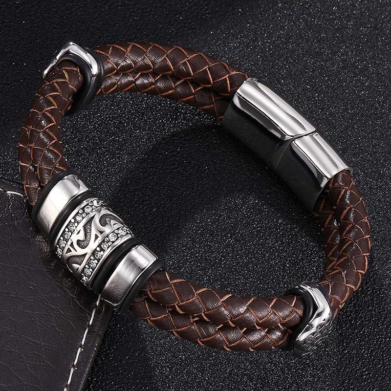 Double Layer Punk Brown Braided Leather Bracelet for Men with Metal Magnetic Clasp Stylish Business Bracelet Jewelry Gift