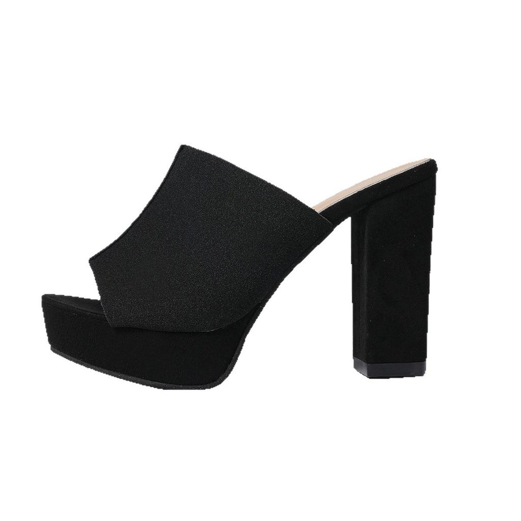 Fashion Summer New Women's Square Toe High-heeled Slippers Platform Black Fish Mouth Plus Size Party Shoes Elegant Heel Sandals Slides