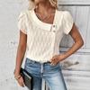 Літня Елегантна Блуза з Короткими Рукавами-Пелюстками, Діагональний Комір, Жіночий Солодкий Топ, Новий Однотонний, Гудзики, Вільний, Повсякденний, Проста Сорочка, Плісирований Жіночий Одяг