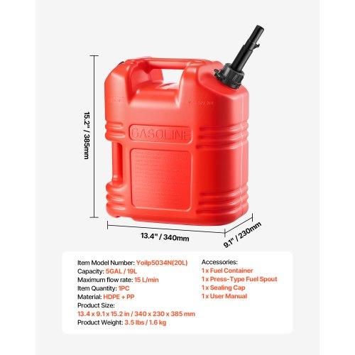 VEVOR Fuel Container, 19 L, Gas Tank with Spout & Clear Scale, 15 L/min Max Flow Rate, Secure & Leak-proof
