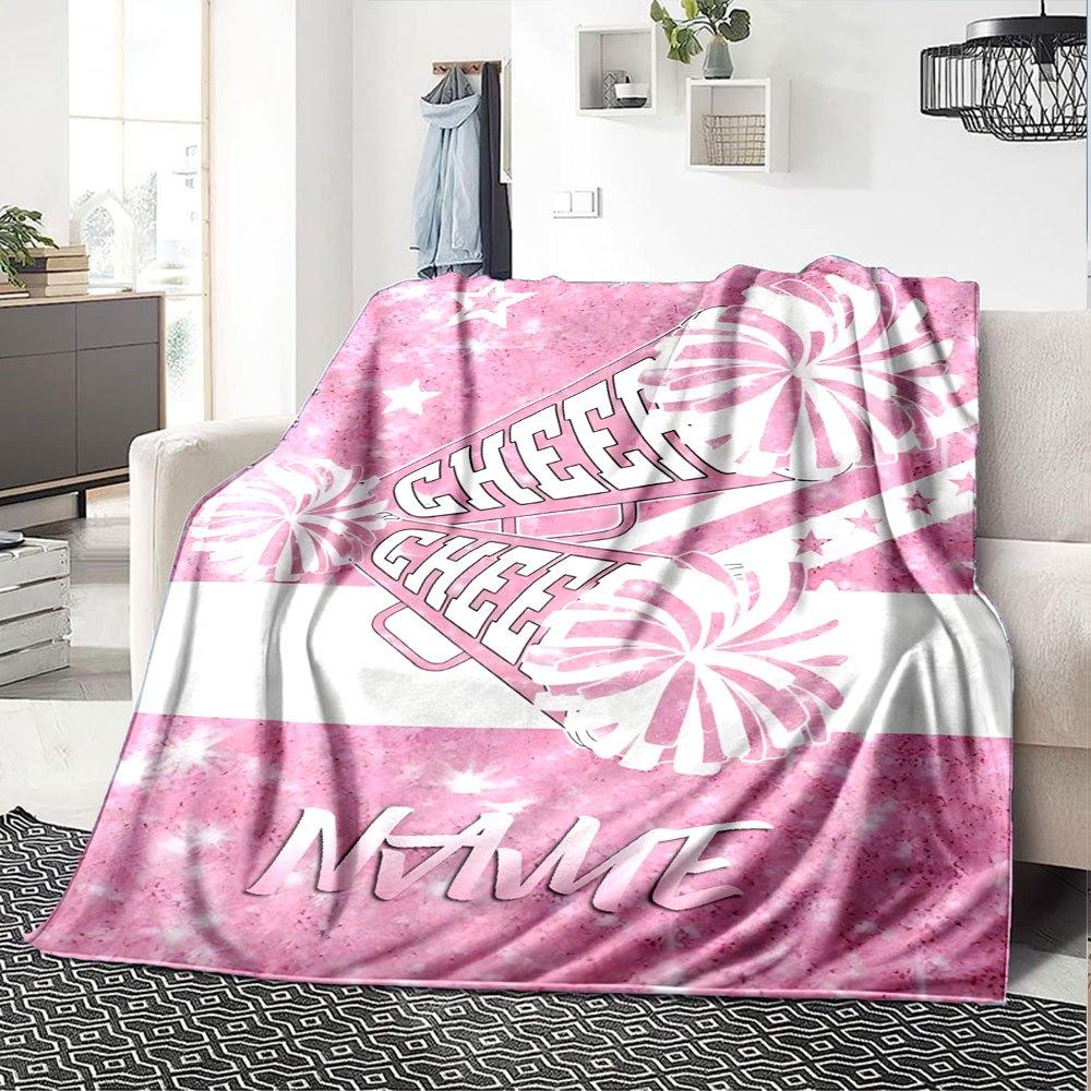 Pink Cheer Megaphones With Stars And Cheer On A Glittery Background Throw Personalized Blanket Customize Text Durable Comfort Great For Sofa Couch