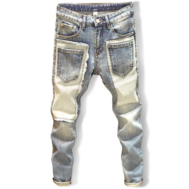 Trendy Brand Patchwork Jeans Men's Personalized Multi-Pocket Trendy Slim Fit Skinny Pants Contrast Color Patch Stretch