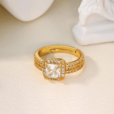 Luksusowe Pierścionki z Diamentami Dla Kobiet Pozłacane Kwadratowy Cyrkonia Regulowany Pierścionek Hipalergiczny Ślub Boże Narodzenie Modna Biżuteria