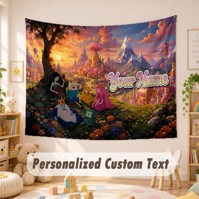 Custom Name Text Tapestry,Adventure Time cartoon Boho Wall Hanging, Decorative Backdrop Tapestry For Room