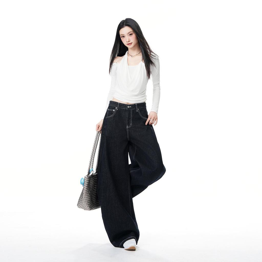 Women's Non-Sticky Wide-Leg Jeans: Spring Loose, Curved Style, Slim-Fit Pants