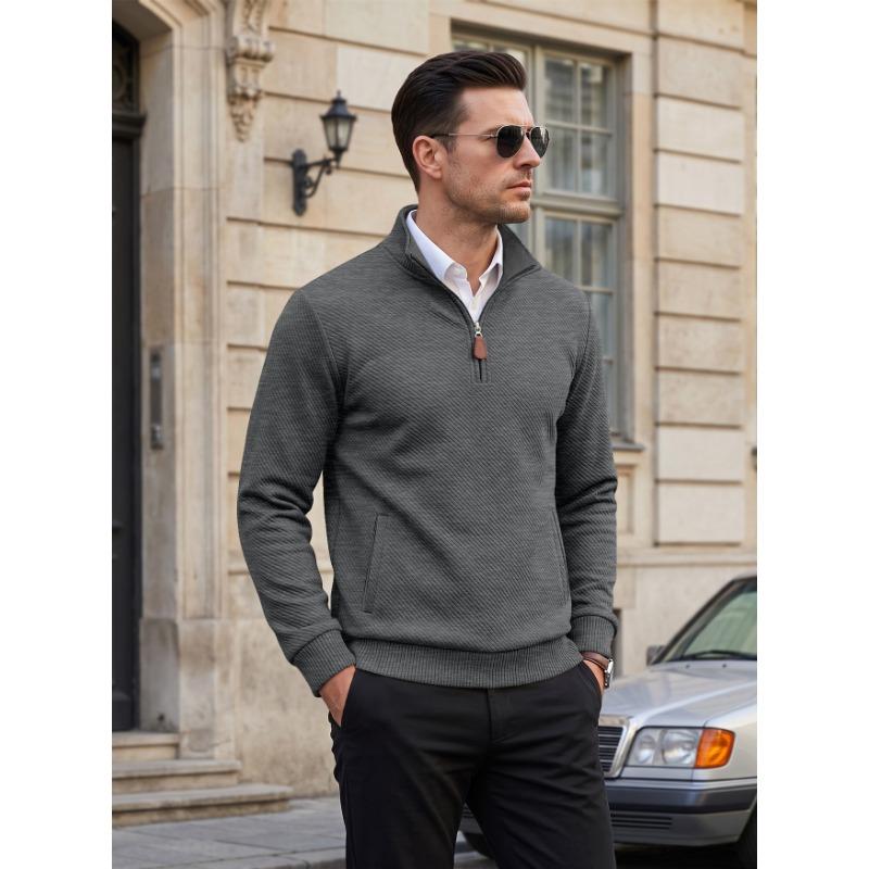 Men S Loose Fit Jacquard Stand Collar Sweatshirt With Zipper Pockets For Spring Autumn