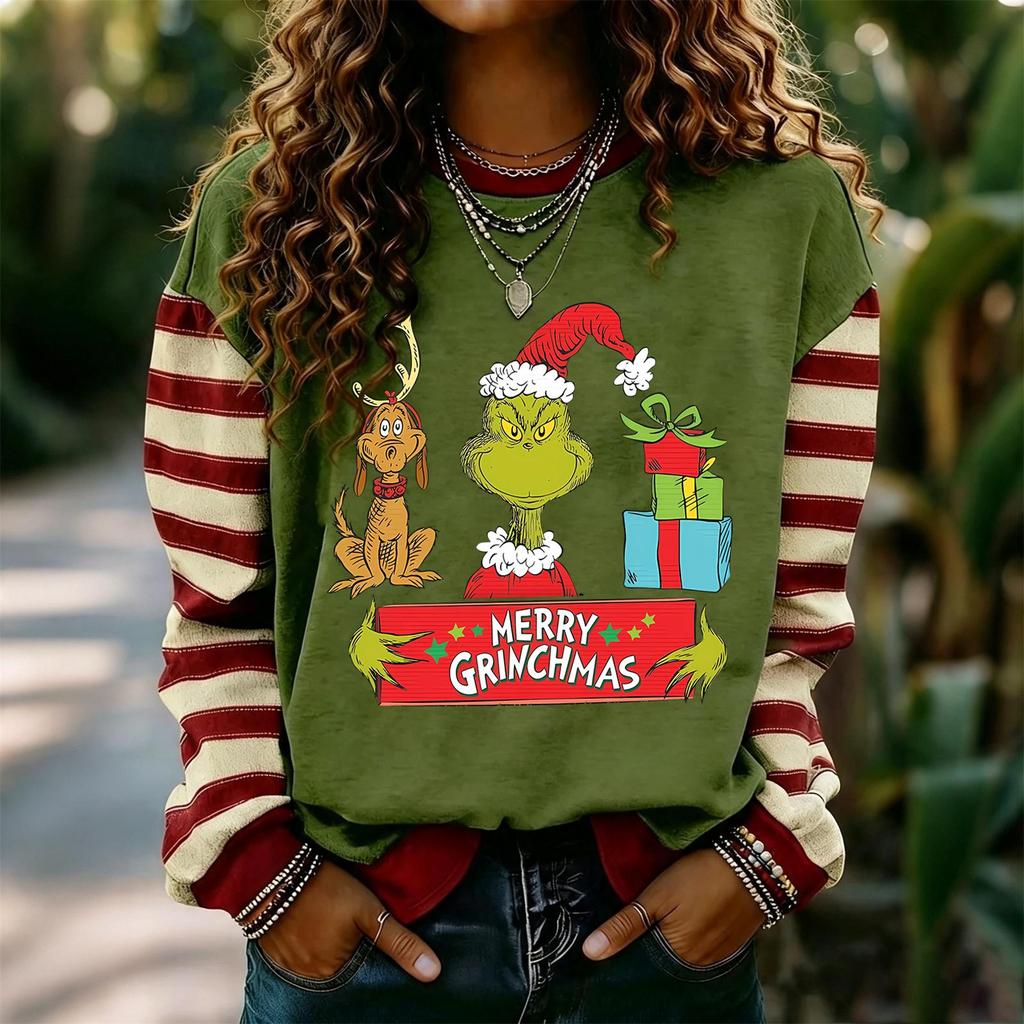 Women's Long Sleeve Neck Pullover Sweatshirt with Christmas Holiday Print for Casual Daily Wear