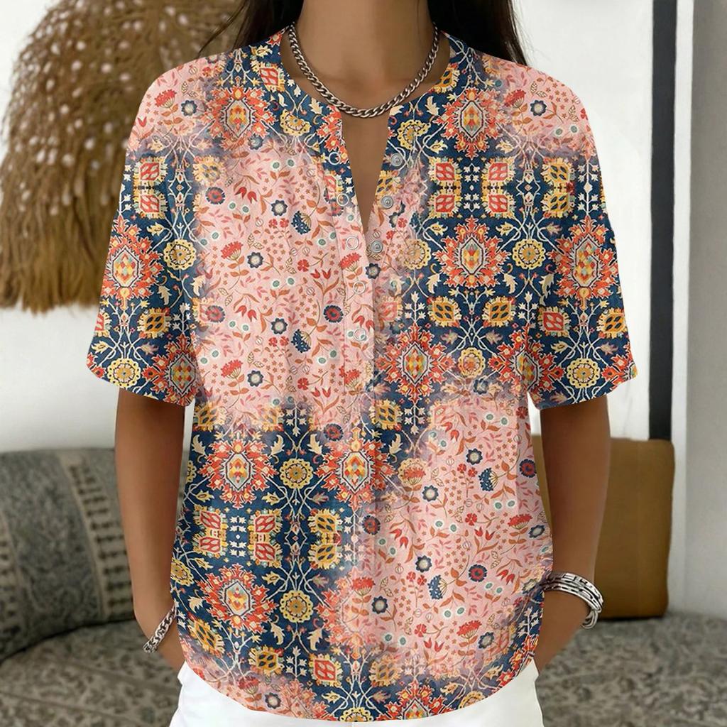 Damenmode Bedrucktes V-Ausschnitt-Shirt Kurzarm Pullover Top Leichte Lässige Bluse für den Alltag