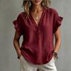 2026 European Bohemian V-Neck Short Sleeve Cotton Linen Women's Top