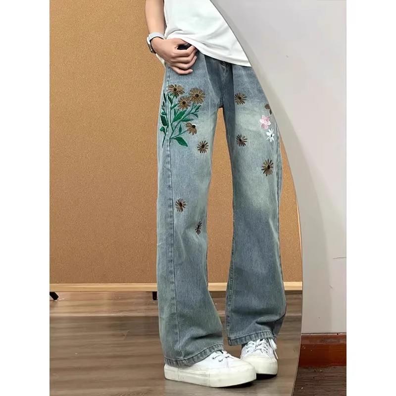 Cleanfit Floral Embroidered Jeans Men Women Slim Flared Streetwear Denim Pants