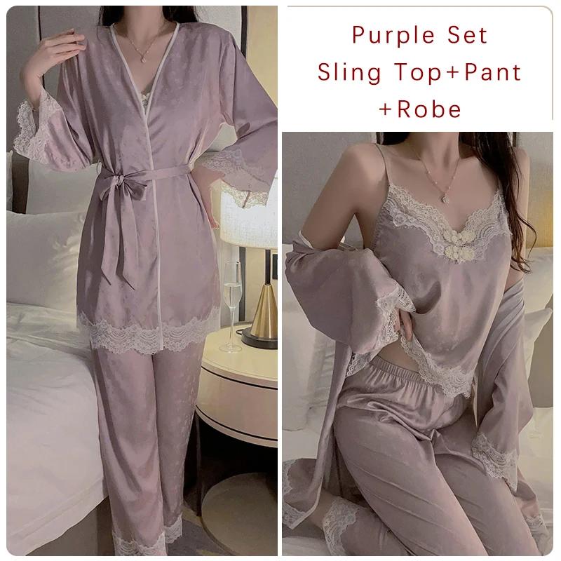 Sexy Pajamas Set for Women, New Lace Pajamas with Breast Pads and Straps, Lace Tops, Trousers and Outer Pajama Sets for Women