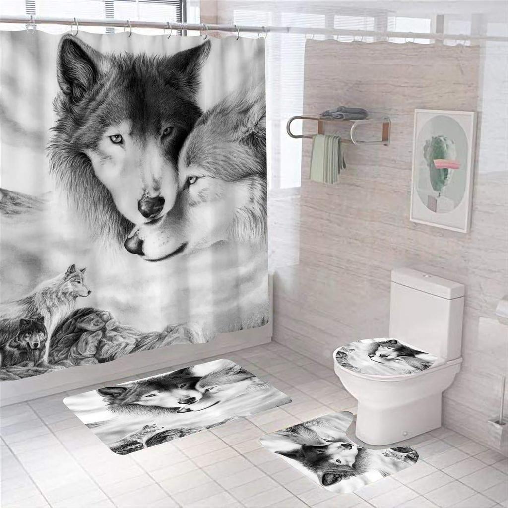 Mysterious Wolf Moon Shower Curtain Sets Rugs Toilet Lid Cover Bath Mat Waterproof Wild Animal Bathroom Shower Curtain Set Decor