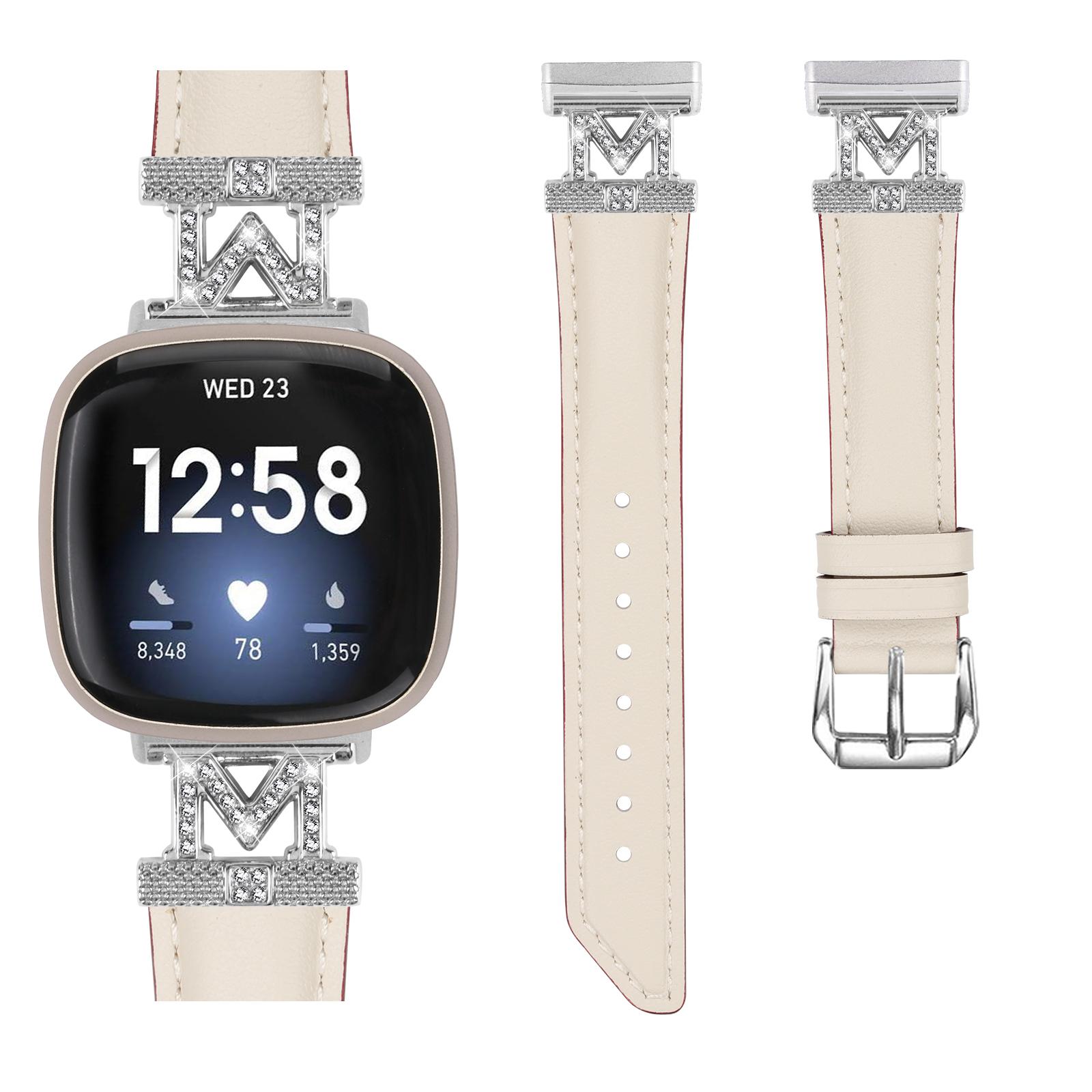 

For Fitbit Versa 3/Versa 4/Sense/Sense 2 M Shape Rhinestone Decor Genuine Cowhide Leather Watch Strap with Silver Buckle Black