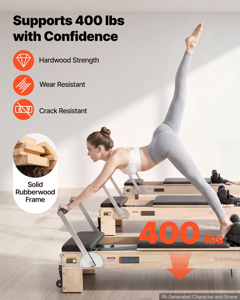 VEVOR Pilates Reformer with Tower 2.4 m Pilates Machine 181 kg Rubberwood, for Home Use and Gym Workout, with Jump Board, Springs, Sitting Box