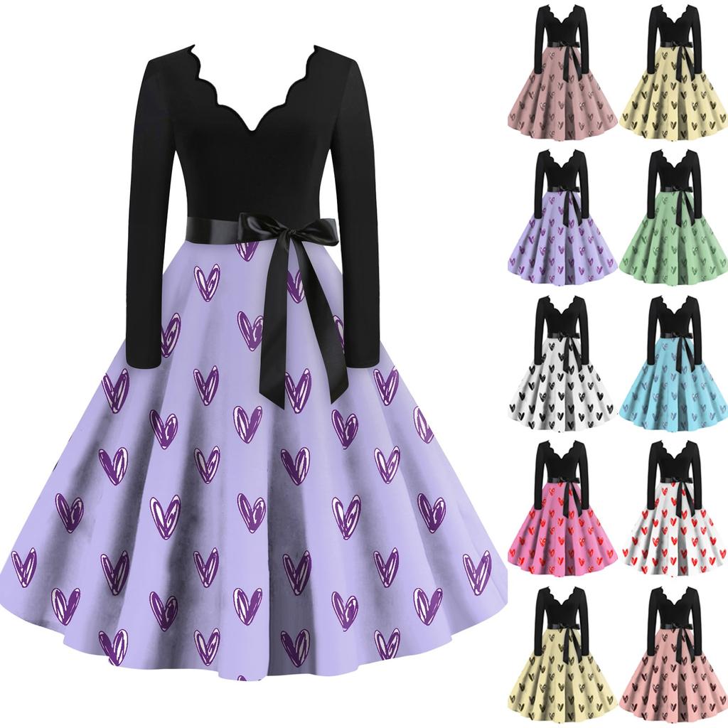 Women's Casual Fashion V-neck Long Sleeved Retro Love Print Retro Dress