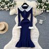 French Retro Doll Collar Flared Sleeve Slim Dress Women's Autumn Waist and Thin Temperament Ruffle Edge Knitted Dress